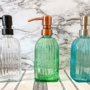 Square Fluted Glass Liquid Soap Dispenser Bottle | 14 oz. Refillable | Hand Soap or Dish Soap | Pump | Gift | Apothecary