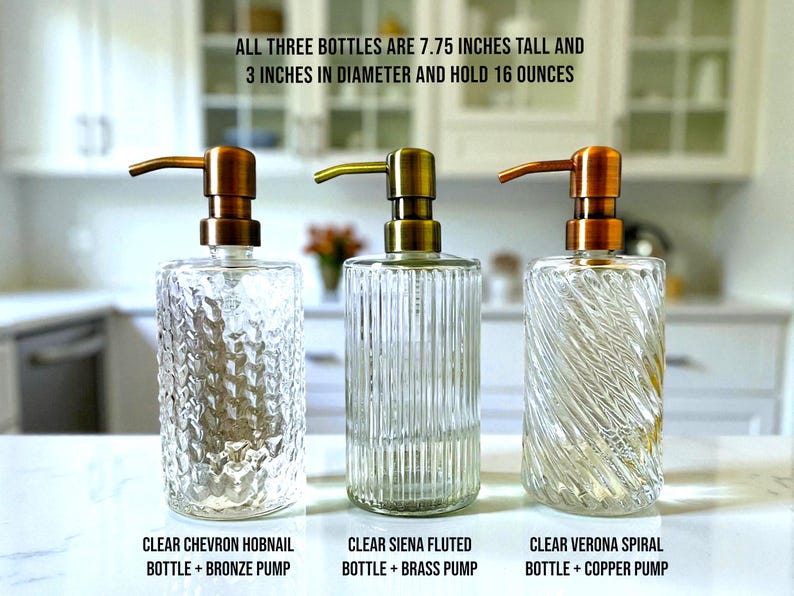 Elegant Fluted, Hobnail, Spiral Glass Liquid Soap Dispenser Bottle | 16 oz. Refillable | Hand Soap or Dish Soap | Pump | Gift | Apothecary image 1