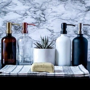 Glass Countertop Soap Bottle with Metal Pump Dispenser • 16 or 8 oz. • Reusable • Dish Soap • Amber Clear White Black • Bathroom • Kitchen