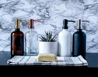 Glass Countertop Soap Bottle with Metal Pump Dispenser • 16 or 8 oz. • Reusable • Dish Soap • Amber Clear White Black • Bathroom • Kitchen