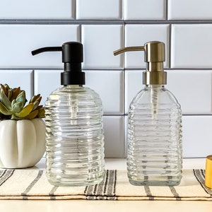 Vintage 14 oz. Beehive Glass Liquid Soap Dispenser Bottle | Refillable | Hand Soap or Dish Soap | 304 Stainless Steel Metal Pump | Gift