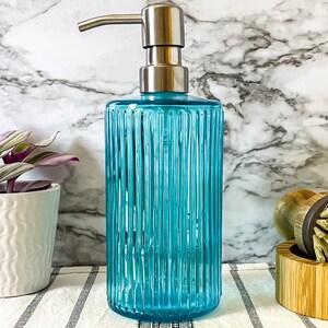 Elegant Fluted, Hobnail, Spiral Glass Liquid Soap Dispenser Bottle | 16 oz. Refillable | Hand Soap or Dish Soap | Pump | Gift | Apothecary Siena Blue
