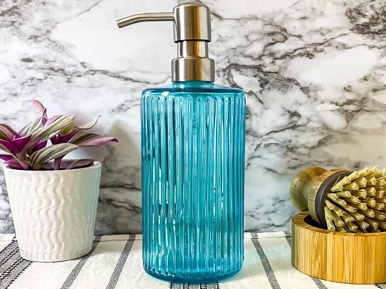 Elegant Fluted, Hobnail, Spiral Glass Liquid Soap Dispenser Bottle | 16 oz. Refillable | Hand Soap or Dish Soap | Pump | Gift | Apothecary Siena Blue