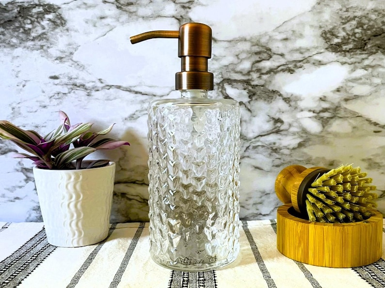 Elegant Fluted, Hobnail, Spiral Glass Liquid Soap Dispenser Bottle | 16 oz. Refillable | Hand Soap or Dish Soap | Pump | Gift | Apothecary Chevron Hobnail