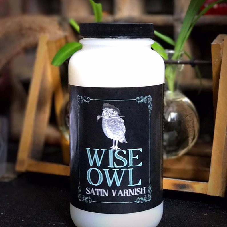 May include: A white bottle with a black label that says "Wise Owl Satin Varnish". The label features a cartoon owl wearing a beret and holding a paintbrush.