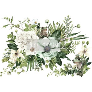 May include: A watercolor illustration of a white floral arrangement with green leaves and two green frogs. The flowers include white peonies, white anemones, and white jasmine. The frogs are sitting on the leaves and flowers.