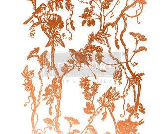May include: A copper-toned digital stamp featuring a delicate floral design with birds and vines. The design is intricate and detailed, with a vintage aesthetic.