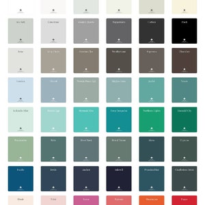 Pu&ograve; includere: Una cartella colori che mostra 48 colori di vernice diversi di Wise Owl Chalk Synthesis Paint. I colori sono disposti in una griglia con i nomi di ogni colore elencati sotto ogni campione di colore.