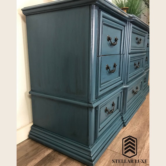 SOLD - Vintage Bassett 9 Drawer Oak Dresser in Rustic Blue - Etsy
