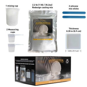 May include: A craft kit with a mixing cup, measuring cups, silicone mix sticks, and a square mold. The kit includes a bag of Redesign casting mix, weighing 2.2 lb (1 KG). The square mold is 3.85 inches (9.9 cm) wide and 0.35 inches (0.9 cm) thick.
