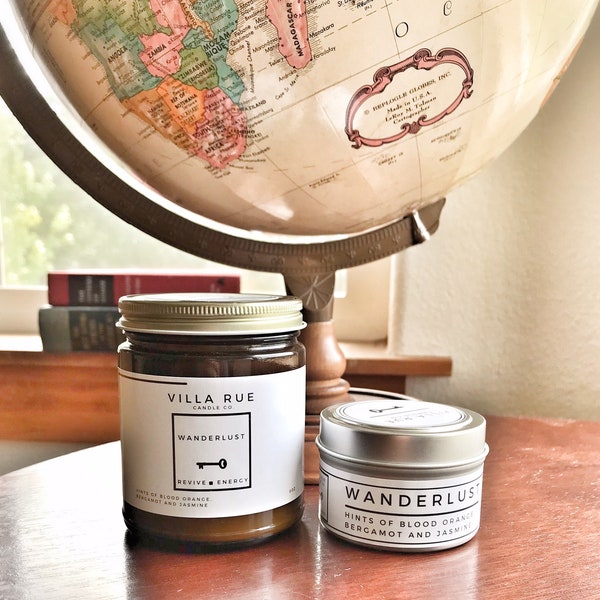 NEW- WANDERLUST scented candle by Villa Rue Candle Company, 8oz standard, 4oz tin