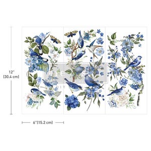 May include: A set of three 12-inch by 6-inch decoupage sheets featuring blue birds and blue flowers on a white background. The sheets are perfect for adding a touch of elegance to any craft project.