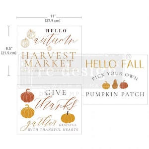 May include: Three printable signs with a fall theme. The first sign says "Hello Autumn, Harvest Market, Apples, Pumpkins, Corn, Squash". The second sign says "Hello Fall, Pick Your Own, Pumpkin Patch". The third sign says "Give Thanks, Gather, Grateful, With Thankful Hearts".