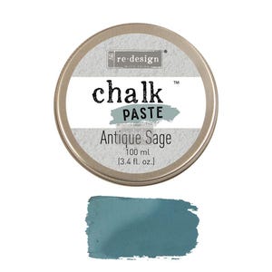 May include: A round, metallic tin of "Antique Sage" chalk paste. The label features the text "chalk PASTE" and "re-design WITH PRIMA". The tin contains 100 ml (3.4 fl. oz.) of a teal-green colored paste, with a swatch of the same color below.