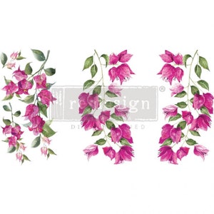 May include: Three watercolor illustrations of pink bougainvillea flowers with green leaves and stems. The flowers are arranged in a cascading pattern.