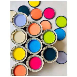Pu&ograve; includere: Assortimento di barattoli di vernice di vari colori, tra cui blu, verde, giallo, rosa, arancione e viola. I barattoli sono disposti in cerchio, con i coperchi rivolti verso l'alto.