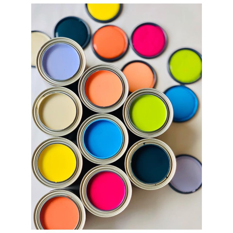 Pu&ograve; includere: Assortimento di barattoli di vernice di vari colori, tra cui blu, verde, giallo, rosa, arancione e viola. I barattoli sono disposti in cerchio, con i coperchi rivolti verso l'alto.