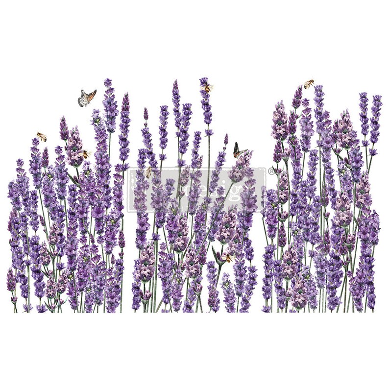 K&ouml;nnte beinhalten: Ein Aquarellbild eines Feldes mit lila Lavendelbl&uuml;ten, um das herum Schmetterlinge und Bienen fliegen.