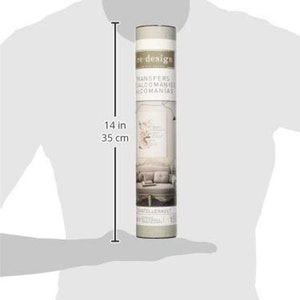 K&ouml;nnte beinhalten: Eine wei&szlig;e Tube mit einem Blumendesign und dem Text "re-design Transfers, Calcomanies,  D&eacute;calcomanies" und "Chatellenaullt" darauf. Die Tube ist 35 cm hoch.