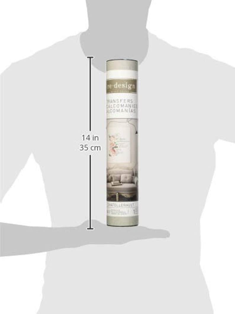K&ouml;nnte beinhalten: Eine wei&szlig;e Tube mit einem Blumendesign und dem Text "re-design Transfers, Calcomanies,  D&eacute;calcomanies" und "Chatellenaullt" darauf. Die Tube ist 35 cm hoch.