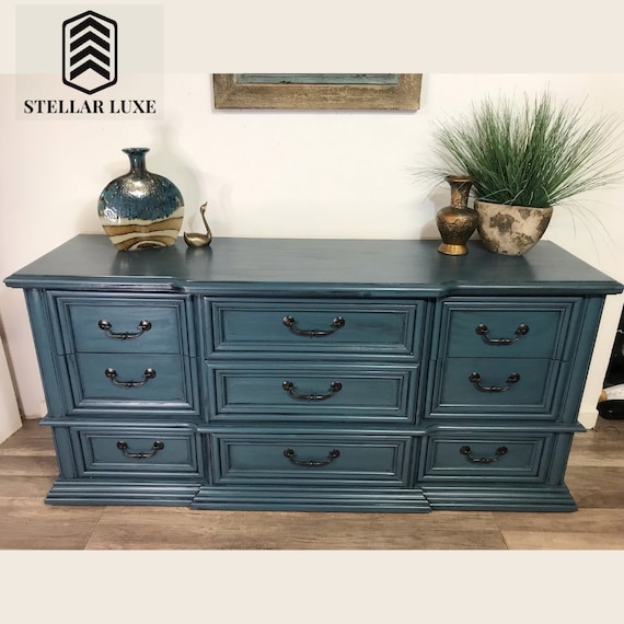 SOLD Vintage Bassett 9 Drawer Oak Dresser in Rustic Blue Etsy UK