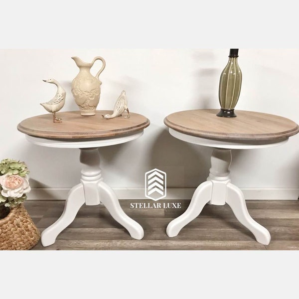 SOLD - Sweet Shabby Chic Solid Oak Round End Tables