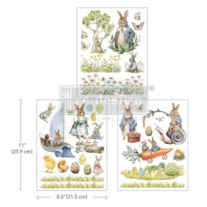 May include: Three sheets of digital paper with watercolor illustrations of bunnies, eggs, and spring flowers. The sheets are 8.5 inches by 11 inches.