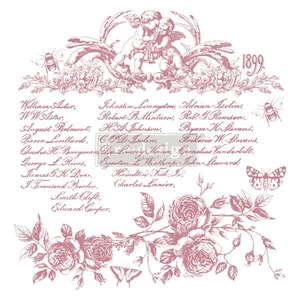 May include: A vintage-style image with a pink floral design. The image features two cherubs holding a musical instrument, a butterfly, bees, and roses. The text "1899" is at the top of the image. The text below the cherubs includes a list of names, including "William Astor", "Johnsten Livingston", and "Adrian Isolin".