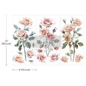 May include: A sheet of decorative transfer decals featuring watercolor-style pink roses with green leaves and stems. The decals are 12 inches tall and 6 inches wide.