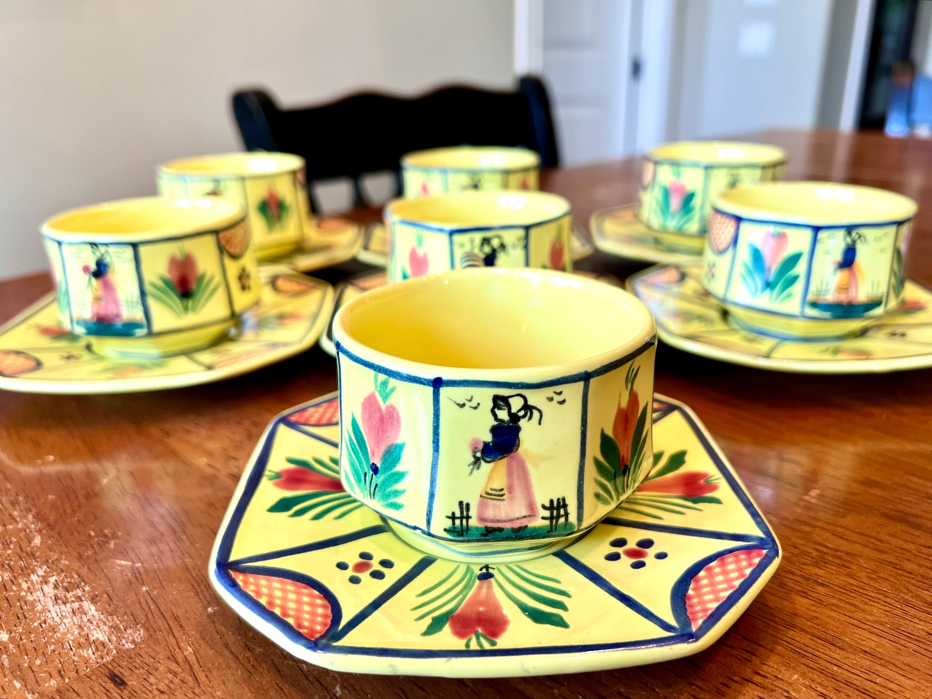 HB Henriot Quimper SOLEIL YELLOW 7 Flat Cup & Saucer Sets