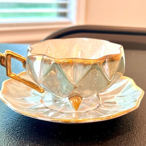 Vintage Japan Royal Sealy Lusterware Blue/Green Gold Tea Cup & Saucer MCM