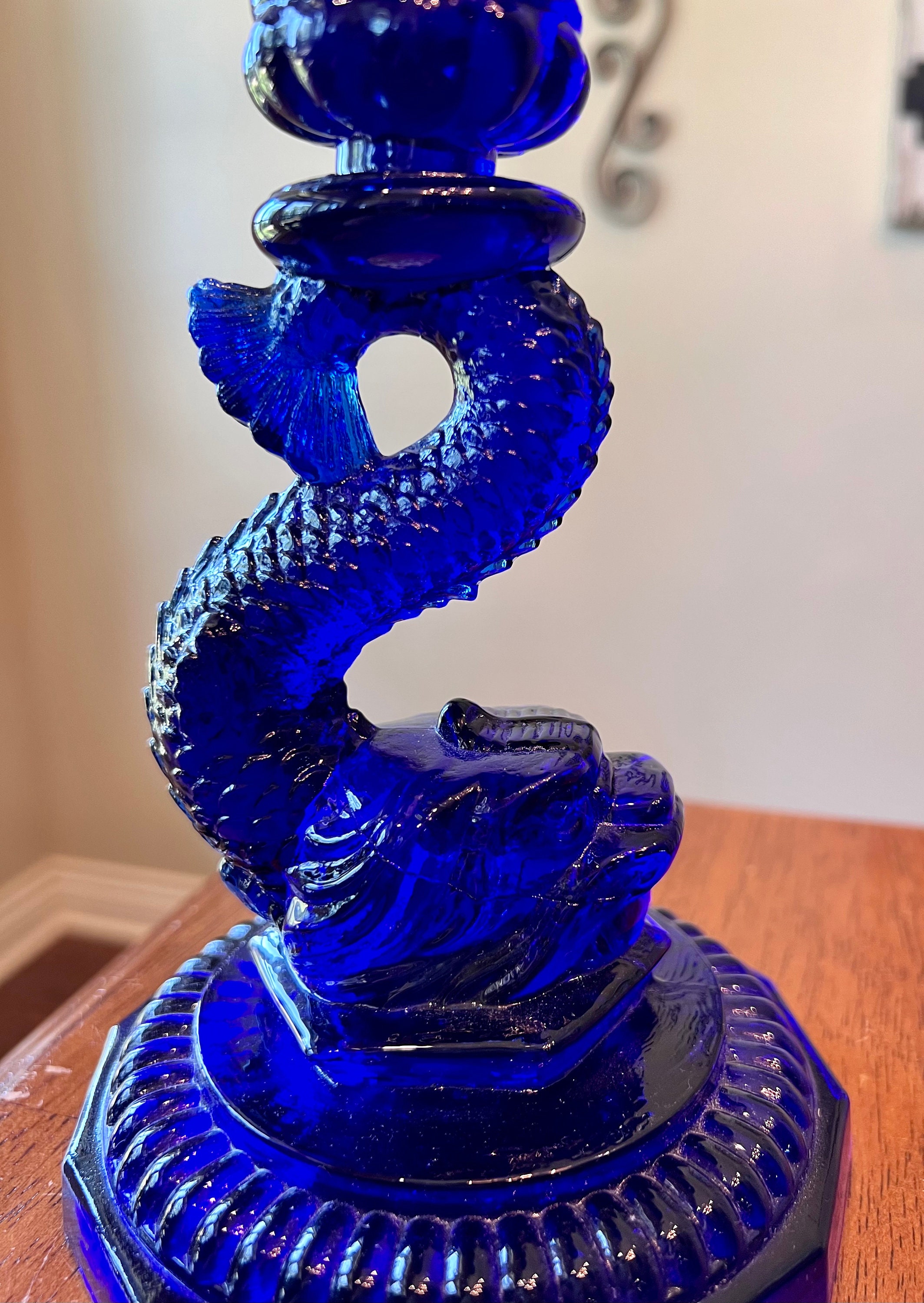 Pair of Cobalt Blue Glass Dolphin Koi Fish Candlestick