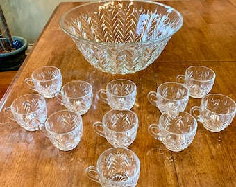 Vintage Jeannette Glass Feather Punch Bowl and 11 Cups Wedding 1950's