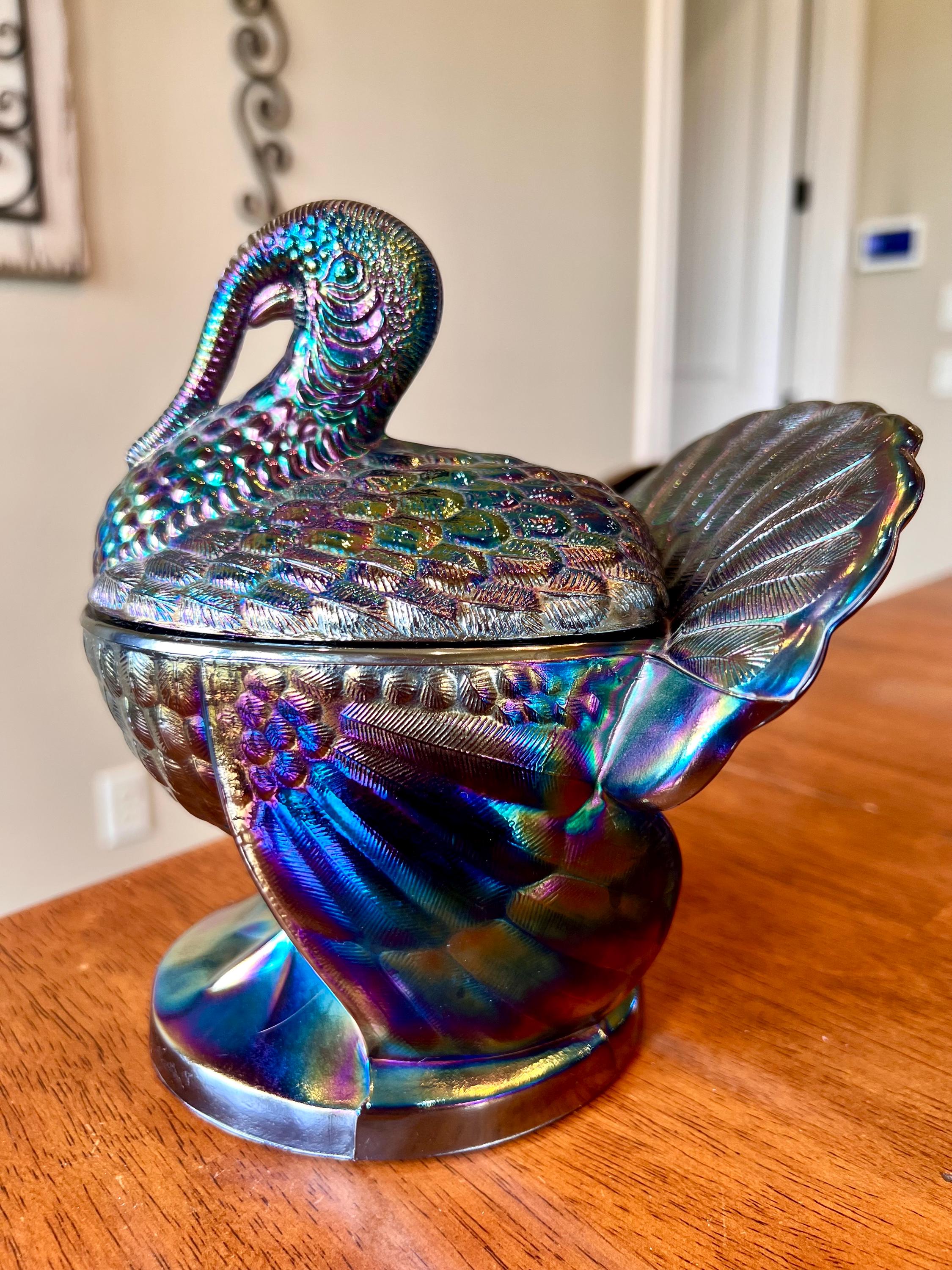 L.E. Smith Amethyst Carnival Glass Turkey on Nest Covered Dish