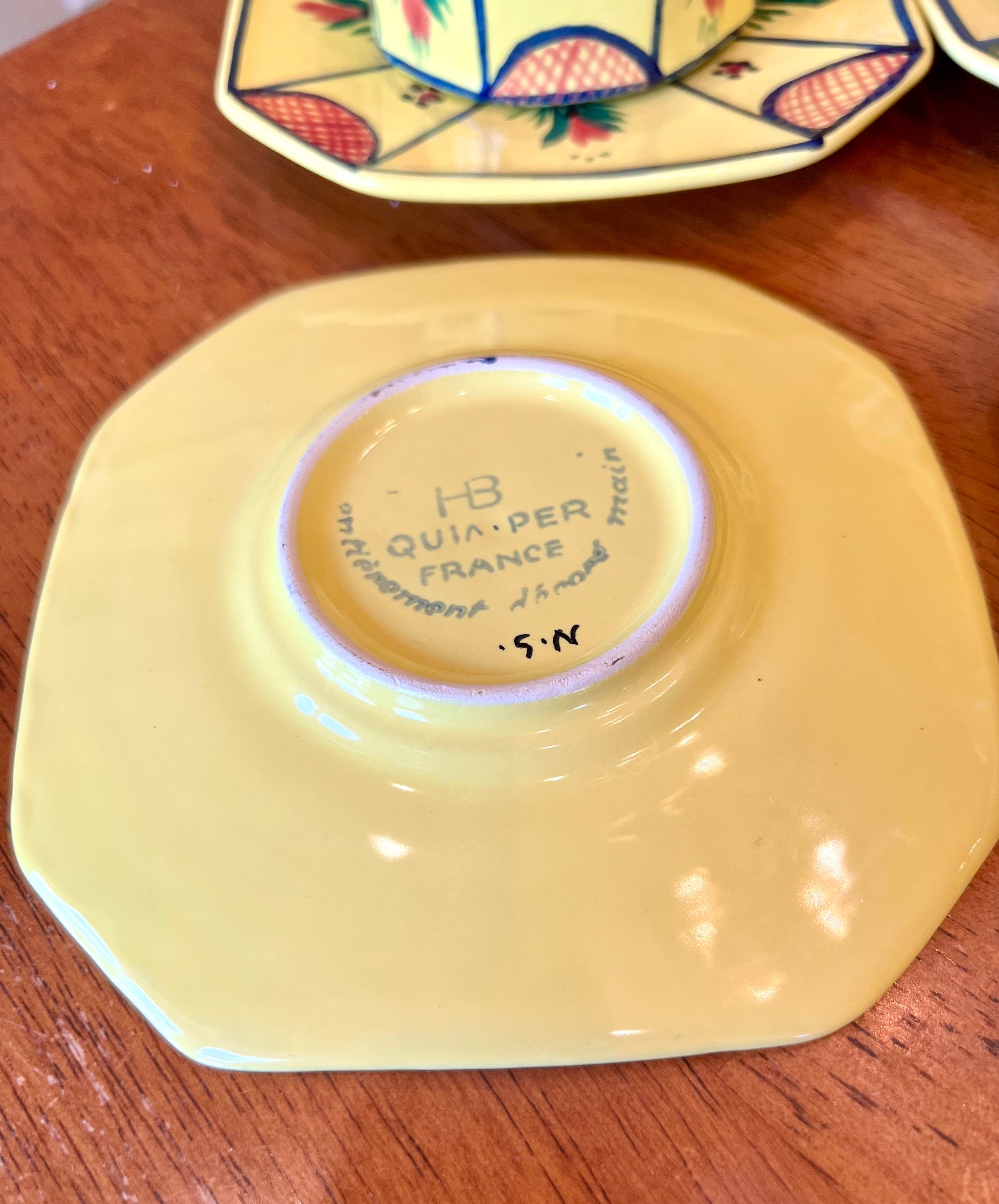 HB Henriot Quimper SOLEIL YELLOW 7 Flat Cup & Saucer Sets