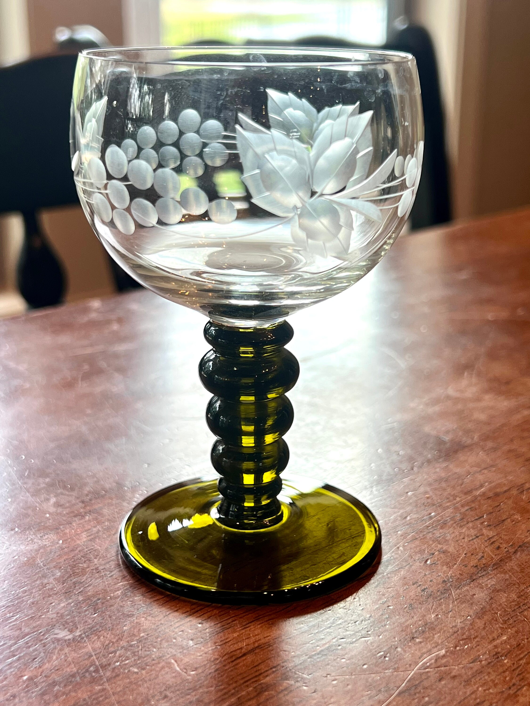 Vintage German Roemer Green Wine Cordial Glass Etched Grapes Etsy