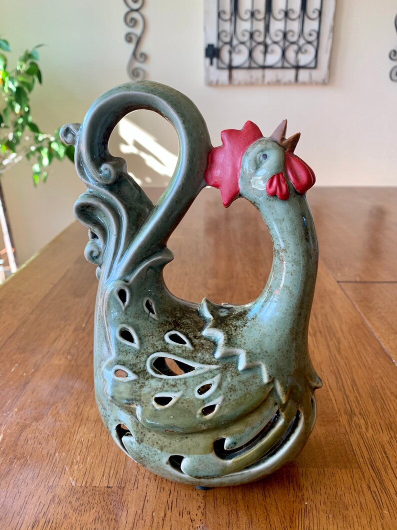 Green Porcelain Rooster Candle Holder Beautiful!