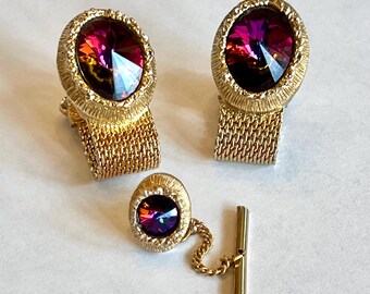 Vintage Swank Flame Rhinestone Cufflinks Tie Tack Set