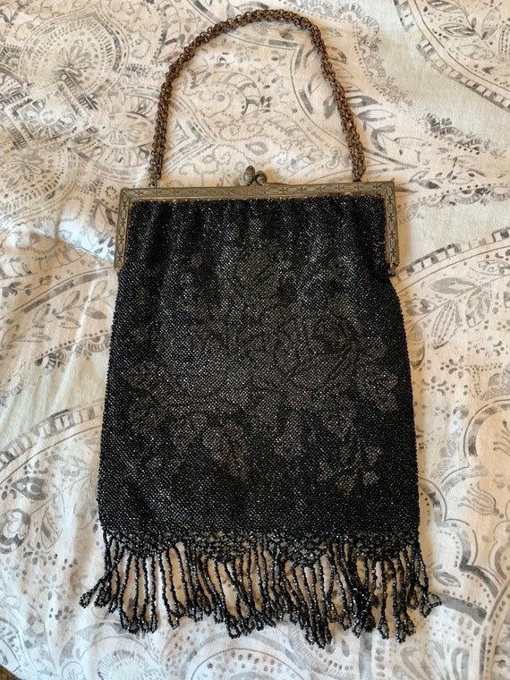 Antique Black Beaded Purse Handbag 1920s Flapper R