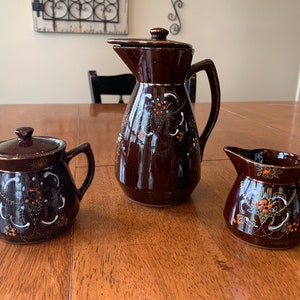 Vintage Redware Moriage Coffepot Tea Creamer Sugar Bowl Handpainted Japan