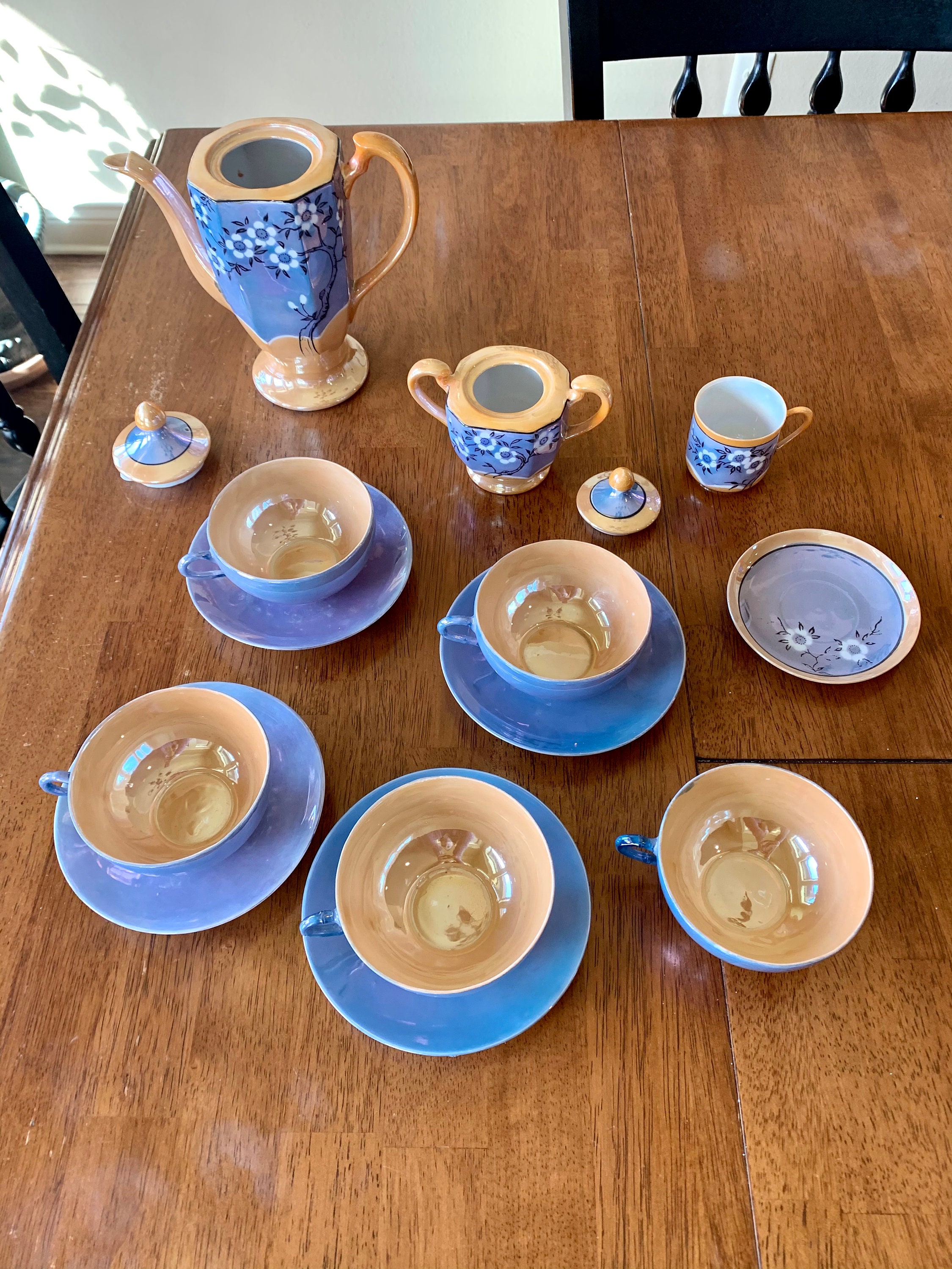 Japanese Lusterware Tea Set 13 Piece Blue and Peach Teapot Etsy