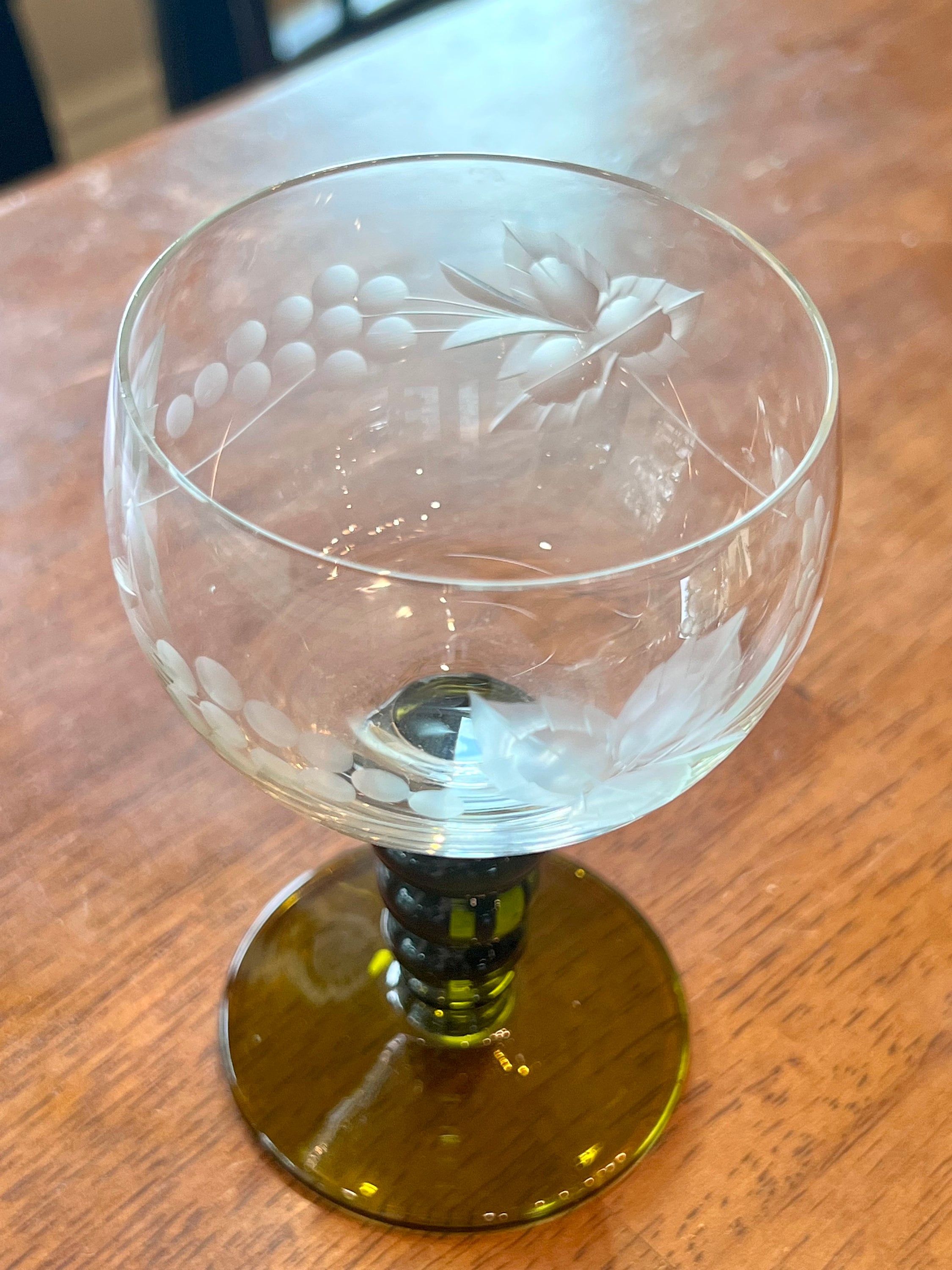 Vintage German Roemer Green Wine Cordial Glass Etched Grapes Etsy