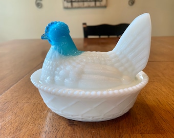 Vintage Chicken Hen Blue Head Milk Glass Covered Dish Westmoreland Style 