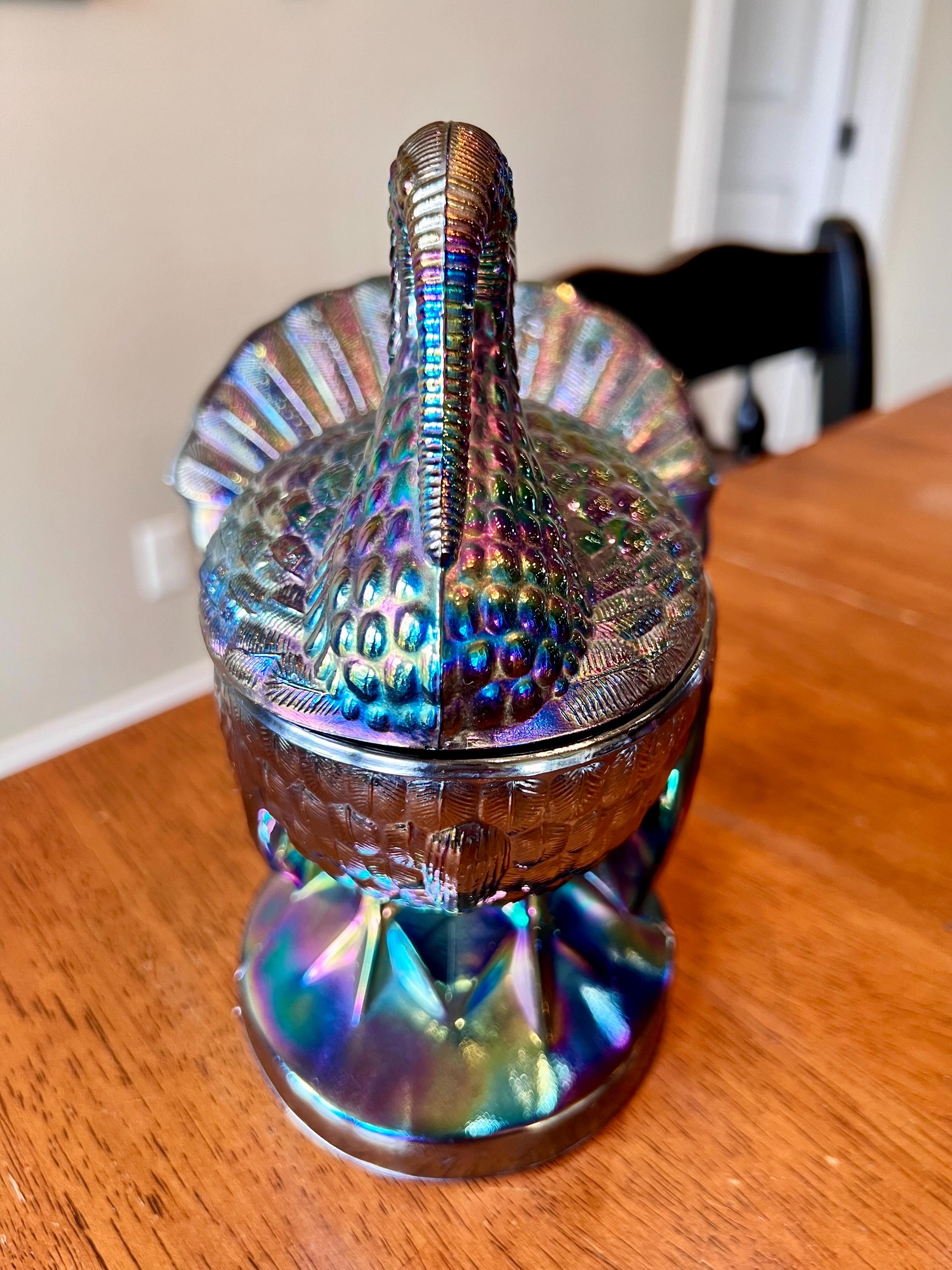 L.E. Smith Amethyst Carnival Glass Turkey on Nest Covered Dish