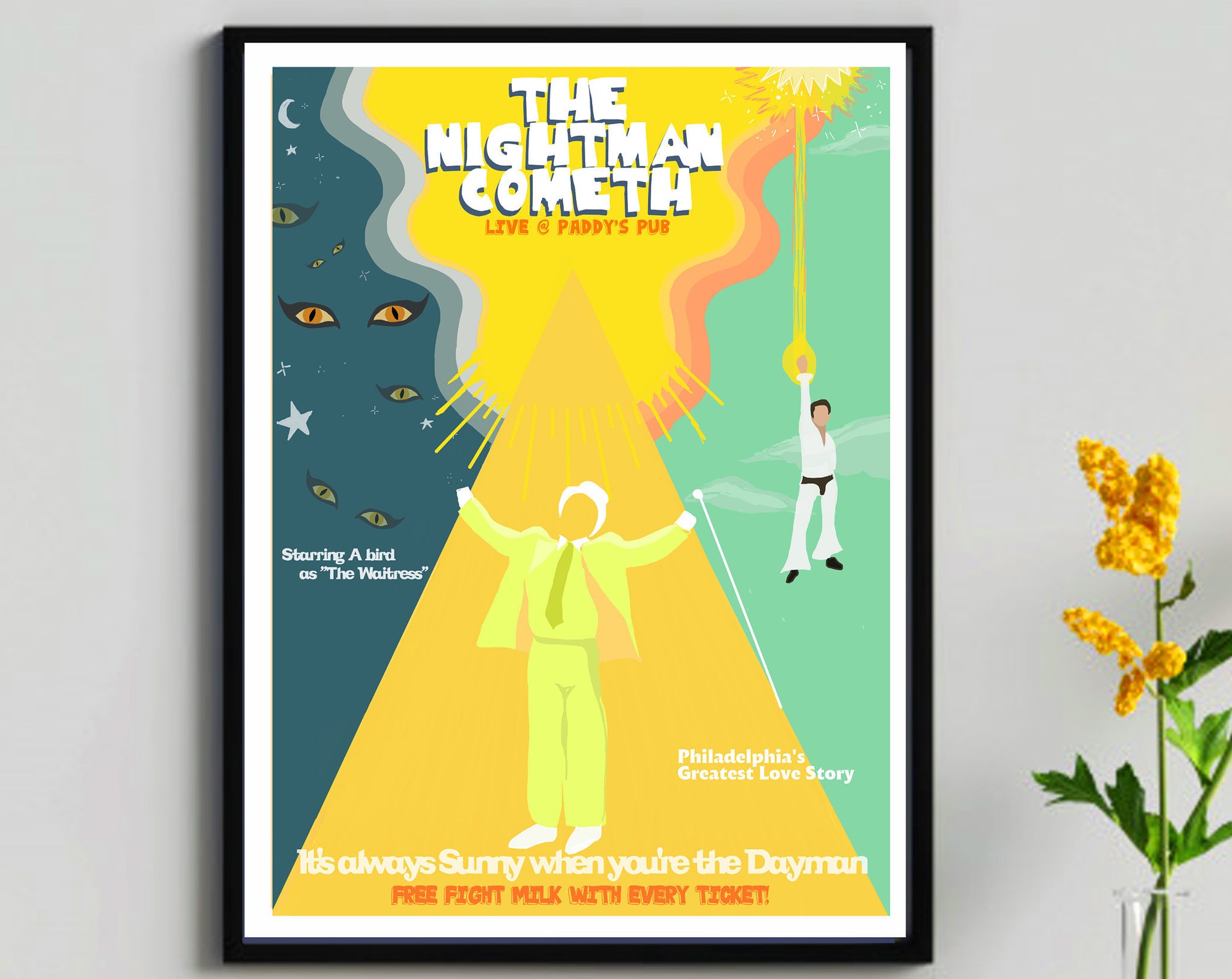 Discover The Nightman Cometh poster print! It's always sunny in philadelphia digital illustration-wall art-Danny danny devito-dayman Charlie Day