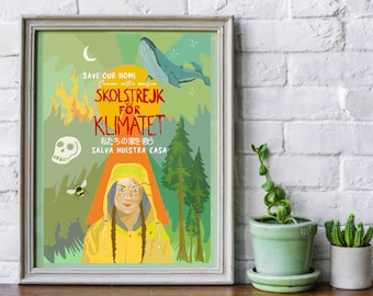 Greta Thunberg-illustration poster print! PDF- Save the planet, global warming, david attenborough ,nature, wildlife, hippy, protest