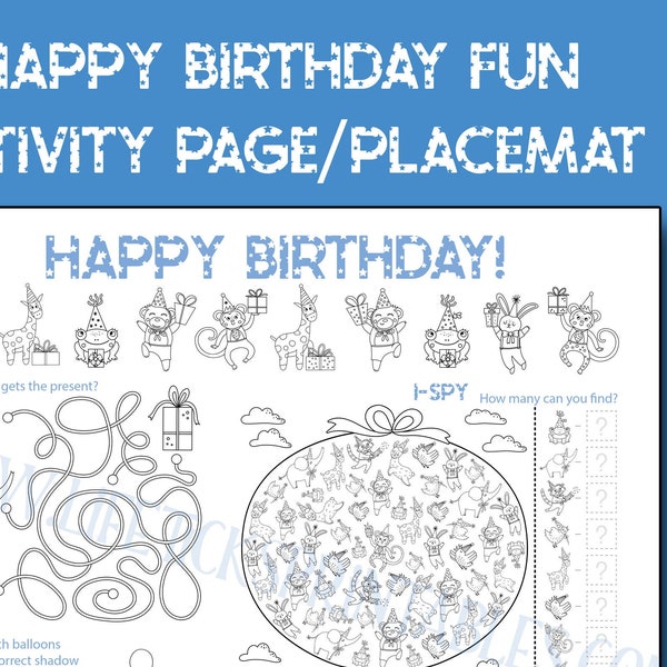 Birthday I SPY Activity Sheet | Party Table Placemat | Birthday Party Coloring Entertainment for Older Children and Tweens