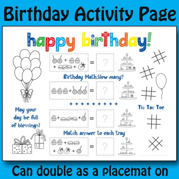Happy Birthday Math Puzzles Activity Sheet | Party Table Placemat | Birthday Party Coloring Entertainment