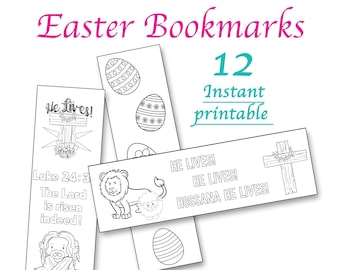 May include: A set of 12 instant printable Easter bookmarks featuring black and white line art designs. The bookmarks include illustrations of a cross, Easter eggs, a lion, a lamb, and a figure, with text including He Lives, Luke 24:3, and Hossana.