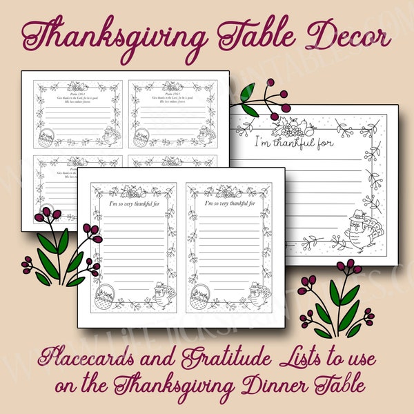 Thanksgiving Dinner Table Place Setting Cards & Thankfulness Lists| Coloring  Activity for Children | Includes Bible Scripture Verse